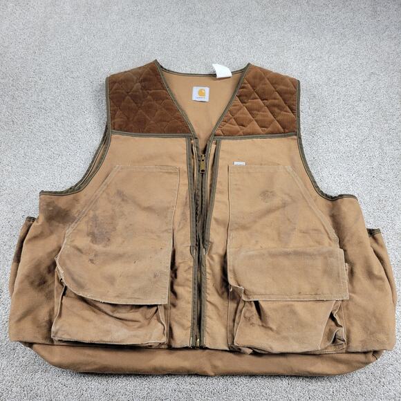 VINTAGE Carhartt Men's Duck Hunting Vest 2XL Brown V Neck Pockets Zip Outdoor - Picture 5 of 16